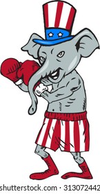 Illustration of an American Republican elephant boxer mascot boxing in fighting stance pose with boxing gloves wearing USA stars and stripes flag hat and shorts done in cartoon style. 