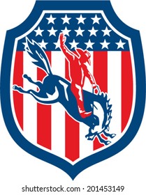 Illustration of an american rodeo cowboy riding bucking bronco set inside shield crest on with stars and stripes in the background done in retro style. 