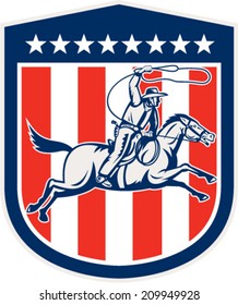 Illustration of an american rodeo cowboy riding horse with lasso rope set inside shield crest with stars and stripes done in retro style. 