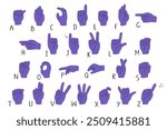 An illustration of American sign alphabet. Purple hands showing ASL. English finger spelling.