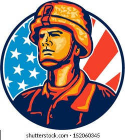 Illustration of an American soldier military serviceman looking forward with USA stars and stripes flag in background set inside circle.