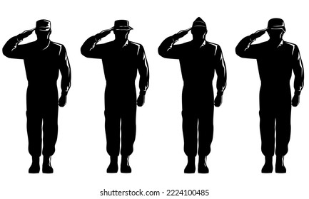 Illustration of an American soldier military serviceman personnel silhouette saluting viewed from front full body on isolated background done in retro style.