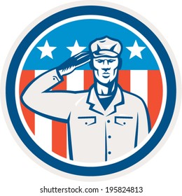 Illustration of an American soldier serviceman saluting USA with stars and stripes in the background set inside circle done in retro style.