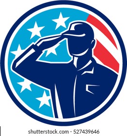 Illustration of an american soldier serviceman silhouette saluting set inside circle with usa flag stars and stripes in the background done in retro style. 