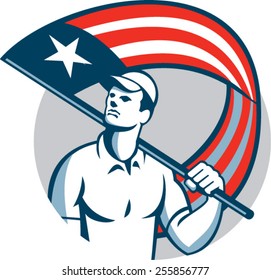 Illustration of an American tradesman, handyman,patriot holding a USA stars and stripes flag on shoulder set inside circle on isolated white background.