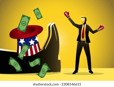 An illustration of American uncle sam knocked down by Businessman wearing Brics boxing glove. De-dollarization concept 