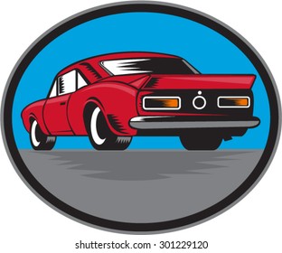 Illustration of an american vintage muscle car set inside oval viewed from rear on isolated background done in retro woodcut style. 