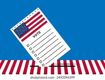 An illustration of an American voting ballot being inserted into a ballot box decorated with red and white stripes, set against a blue background. 