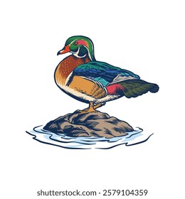 illustration of an American wood duck standing on a swamp rock