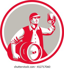 Illustration of an american worker wearing hat carrying keg on one hand and toasting beer mug on the other set inside circle on isolated background done in retro style. 