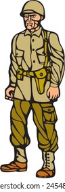 Illustration of an American World War two soldier serviceman standing on isolated white background  done in woodcut linocut style. 