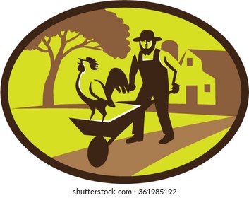 Illustration of an amish farmer wearing hat holding wheelbarrow with rooster on top set inside oval shape with tree and farmhouse in the background done in retro style.  svg
