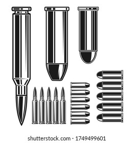 Illustration of ammunition and bullets isolated on white background. Design element for poster, card, banner, logo, label, sign, badge, t shirt. Vector illustration
