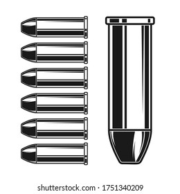 Ilustración de municiones y balas aisladas sobre fondo blanco. Elemento de diseño para afiche, tarjeta, pancarta, logotipo, etiqueta, signo, insignia, camiseta. Ilustración del vector