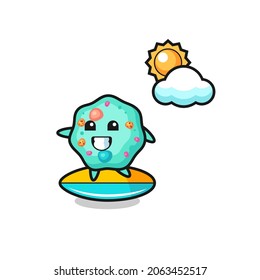 Illustration of amoeba cartoon do surfing on the beach , cute style design for t shirt, sticker, logo element
