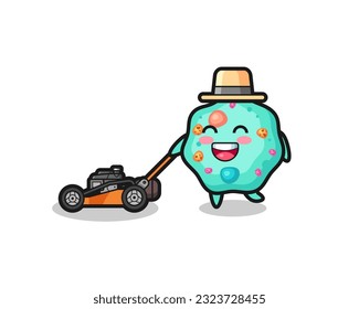 illustration of the amoeba character using lawn mower , cute style design for t shirt, sticker, logo element