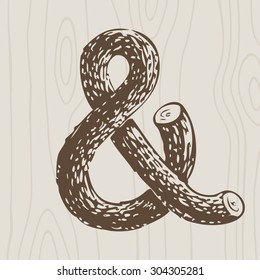 Illustration of ampersand of bent tree trunk. One color graphic