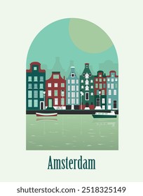 Illustration of Amsterdam city with arch. Vector illustration