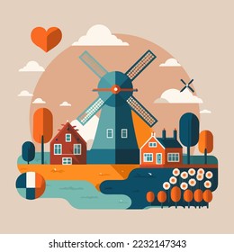 Illustration of Amsterdam Netherlands Travel destination house city landmark icon vector flat color design