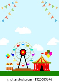 Illustration of an amusement park with a Ferris wheel, dance, theater and shops decorated with airy balls.