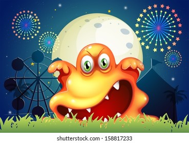 Illustration of an amusement park with a scary orange monster