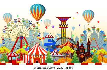 illustration of amusement rides with a city background