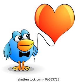 illustration amusing bird in tie keeps heart on thread