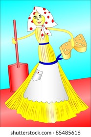 Illustration of an amusing broom with a sponge and a scoop