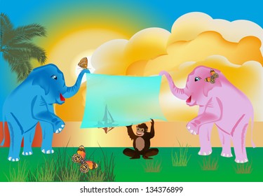 illustration with amusing elephants and monkey