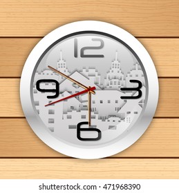 Illustration of analog Wall clocks with image of paper buildings on a wooden background