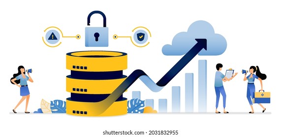 Illustration of analyze service performance and increase of security systems for cloud servers databases. Vector design can be use for website, web, poster, banner, flyer, mobile apps, social media