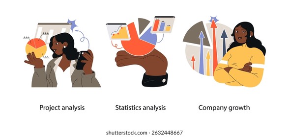 Illustration of analyzing project data, reviewing statistics, and visualizing strategies that drive business and company growth.