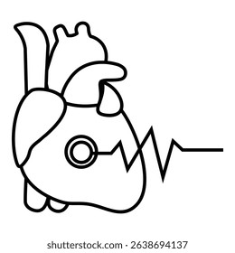 Illustration of an anatomical human heart connected to an ECG line, symbolizing cardiac health and monitoring. Icon design vector symbol.