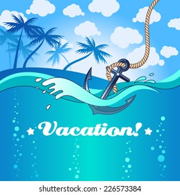 Illustration of anchor falls into the water near the tropical island