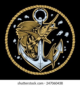 Illustration of anchor with fish (swordfish).
