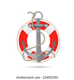 Illustration of an anchor and life preserver isolated on a white background.