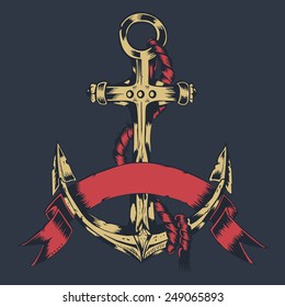 Illustration of anchor with red rope and tape.