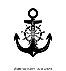 Illustration of an anchor with ship steering wheel in monochrome style. Design element for poster, card, banner, emblem, sign. Vector illustration