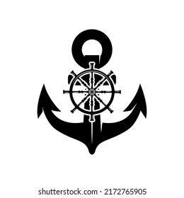 Illustration of an anchor with ship steering wheel in monochrome style. Design element for poster, card, banner, emblem, sign. Vector illustration