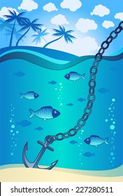  Illustration of anchor in the water near the tropical island