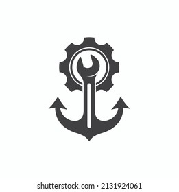 illustration of anchor, wrench and gear, icon template for auto marine.