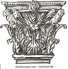 Illustration with ancien antique Greek Corinthian capital, Greek architecture
