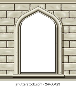 Illustration of an ancient arched window in a cut stone wall, suitable as a frame or border.