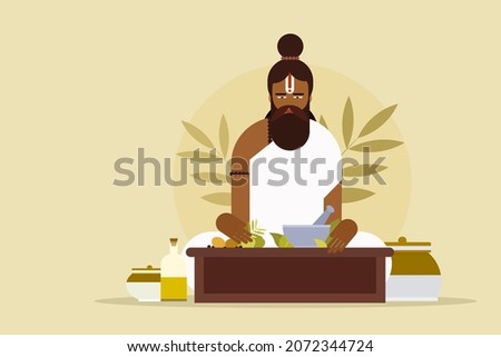 Illustration of an ancient Ayurveda parcticioner with herbal ingredients Stock photo © 