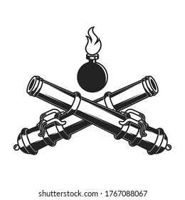 Illustration of ancient cannons in engraving style. Design element for logo, emblem, sign, poster, card, banner. Vector illustration