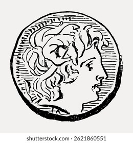 Illustration of an ancient coin with a profile of a classical figure. The coin features intricate details and a historical design, showcasing classical art. Vintage illustration vector.