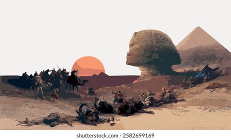 Illustration of ancient Egypt with pyramids, Sphinx, and people. Camels and travelers in the desert. Historical scene with sunset over pyramids and Sphinx. Vintage Egyptian illustration vector.