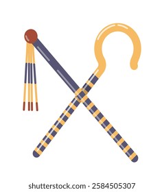 Illustration of an ancient Egyptian crook and flail crossed, symbolizing power and kingship, depicted in a flat style on a white background