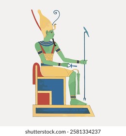 Illustration of an ancient Egyptian deity seated on a throne. The figure has green skin, a tall headdress, and holds a scepter, embodying Egyptian mythology. Vintage Egyptian illustration vector.