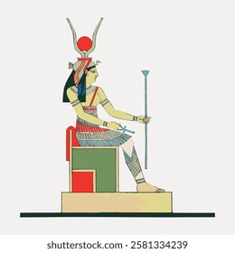 Illustration of an ancient Egyptian deity seated on a throne, wearing traditional attire with a headdress and holding a staff, symbolizing Egyptian mythology. Vintage Egyptian illustration vector.